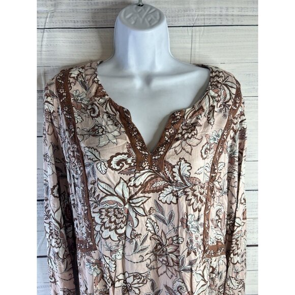 J Jill Women's L Tunic Blouse Long Sleeve Lace Floral Split V-Neck Pink/Brown - Picture 4 of 11